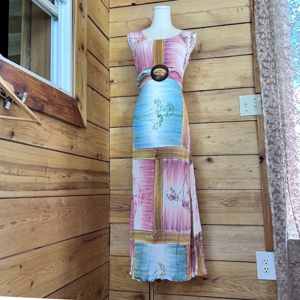 Vintage Rayon Patchwork Botanical Maxi Dress Womens‎ Large Pink Blue Canfik